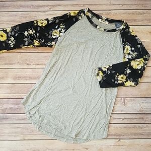 Gray Yellow Black Floral Raglan Sleeve